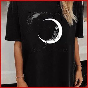 Drop Shoulder Ladies Tee Skeleton Star Gazing On Crescent Moon O Neck NWT